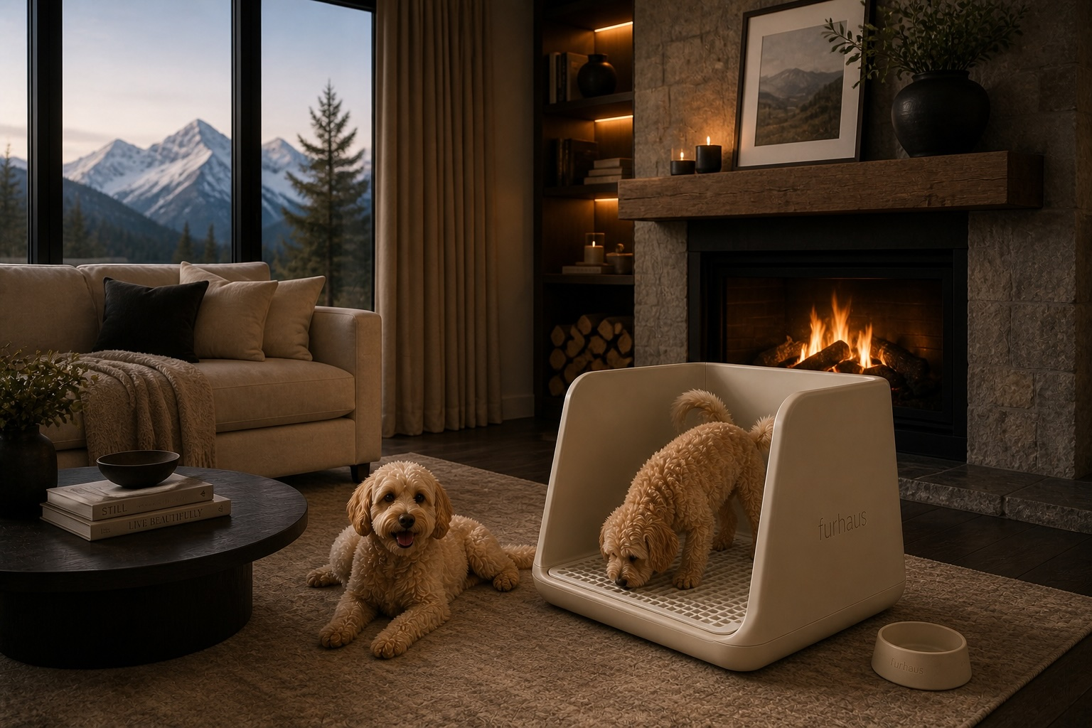Loohaus by Furhaus — golden retriever puppy and Maltese in a sunlit modern home